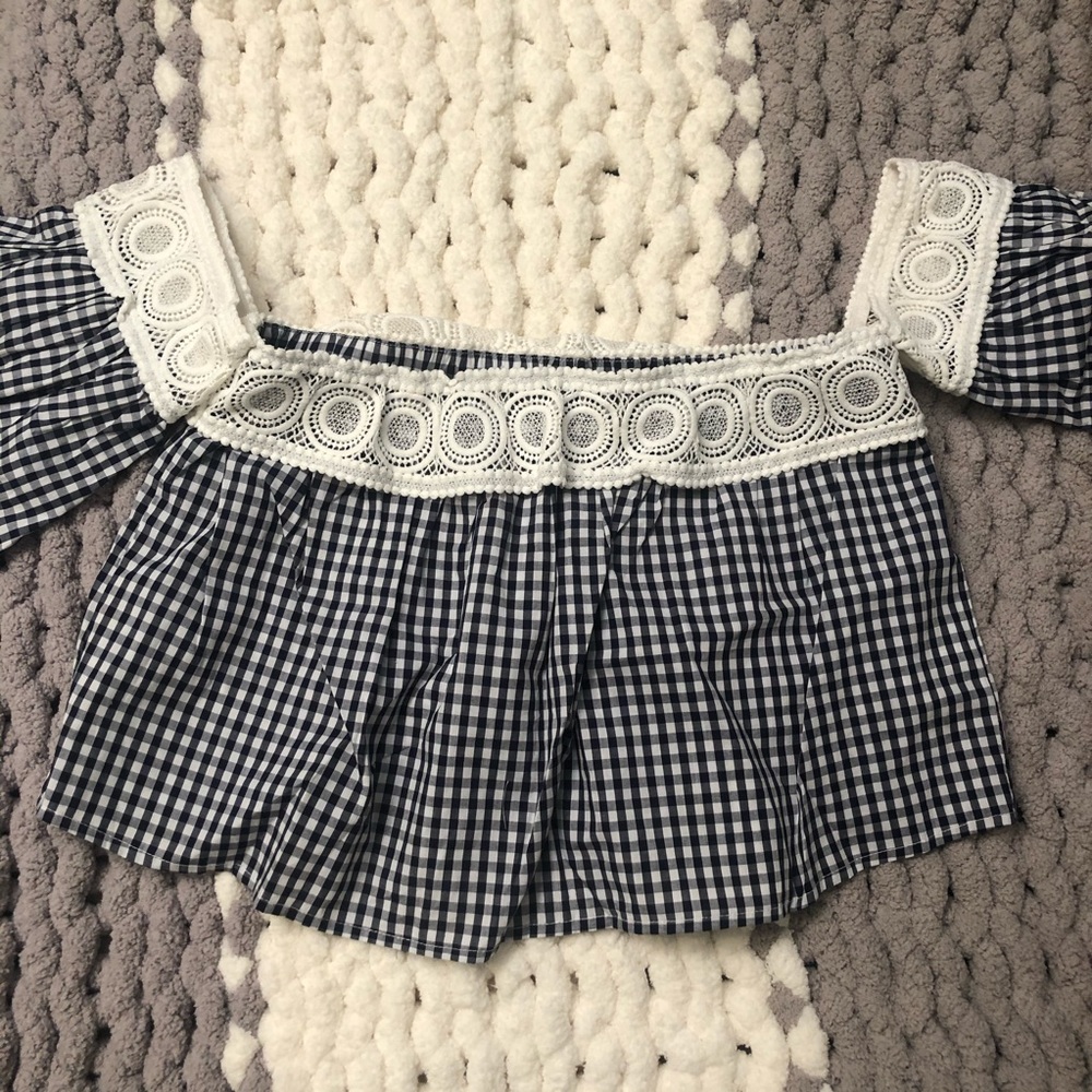 Embroidered Lace Trim Crop Top Off Shoulder Small